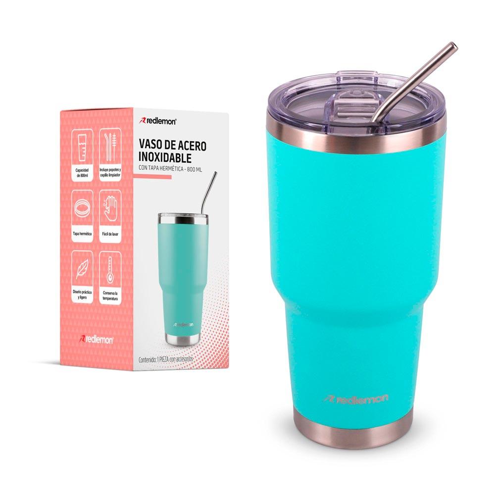 Vaso Térmico de Acero Inoxidable con Tapa Hermética (800 ml) con 2 Popotes y Limpiador (80079-Aq)